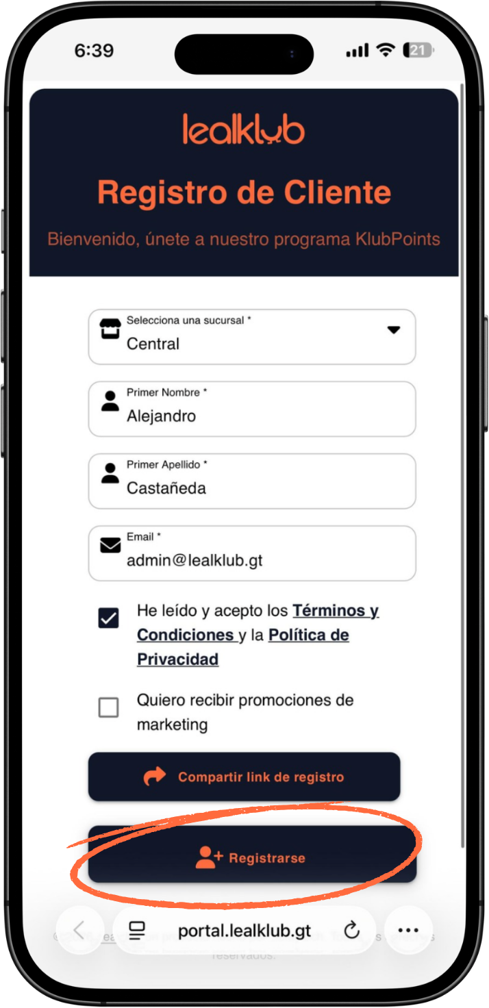 Pantalla de registro