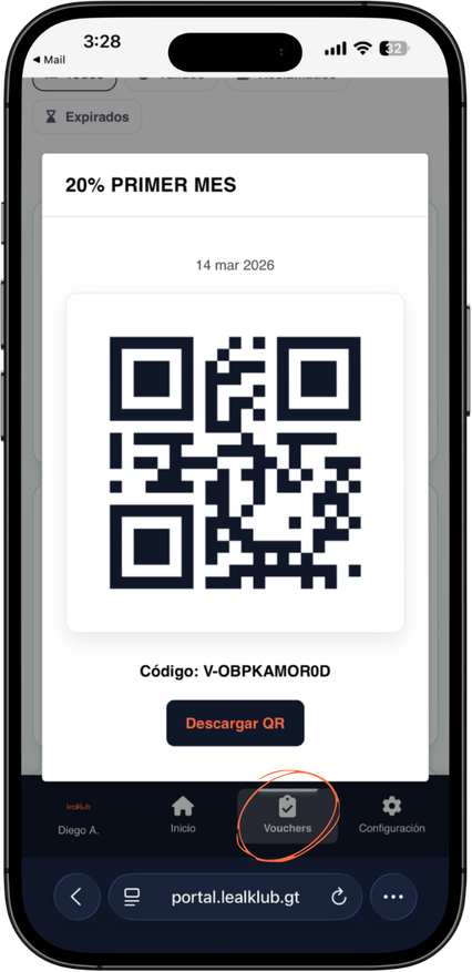 Pantalla de voucher con QR